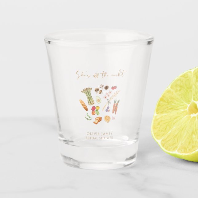 Sie ist Hochzeitsdusche mit floralen Markt-Motiven Schnapsglas (Vorderseite)