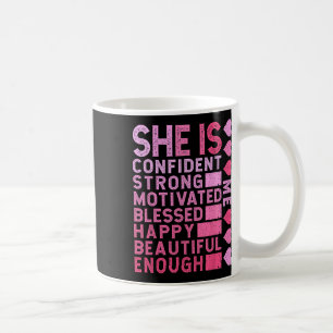 Sie ist selbstsicher stark motiviert glücklich sch kaffeetasse