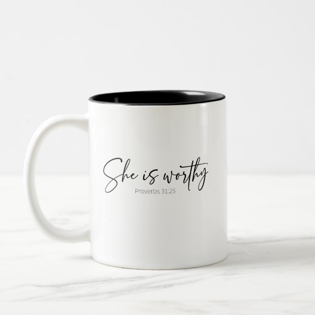 Sie ist würdig | Sprüche 31 Kaffeetasse (Links)