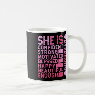 Sie ist zuversichtlich stark motiviert, glücklich  kaffeetasse