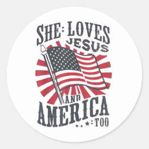 Sie Liebe Jesus und Amerika zu US-Flagge 4. Ju Runder Aufkleber