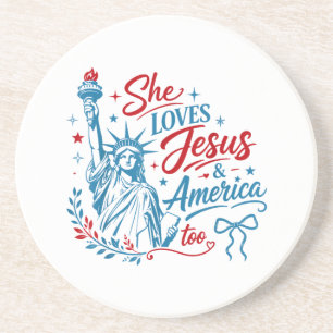 Sie liebt Jesus und Amerika zu sehr 4. Juli Christ Getränkeuntersetzer