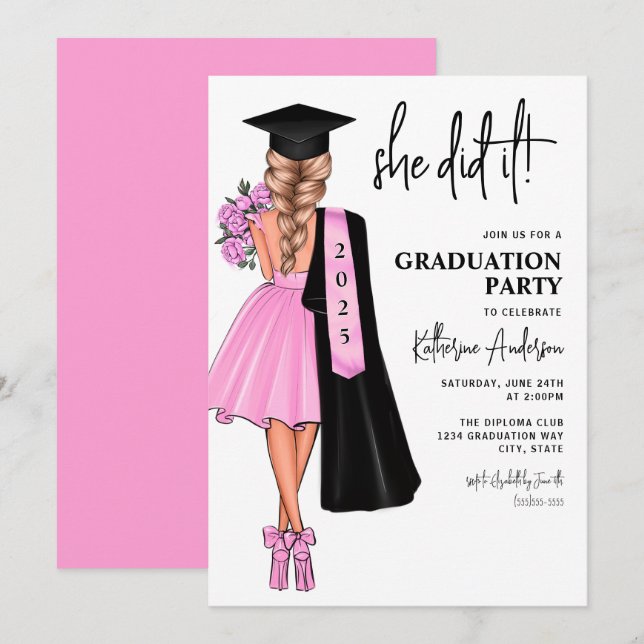 Sie lud eine rosa Abitur ein Einladung (Vorne/Hinten)