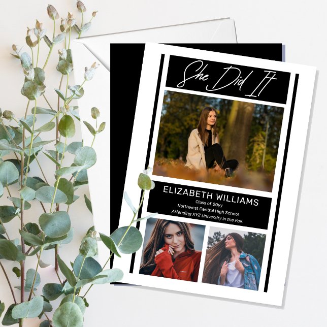 Sie machte es einfach Minimalistischen BW-Abschlus Ankündigung ("She Did It" Simple Minimalist Black and White Graduation Announcement - Print and/or Download)