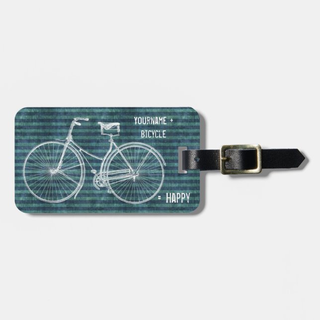 Sie plus Fahrrad entsprechen glücklichem antikem Gepäckanhänger (Vorderseite horizontal)