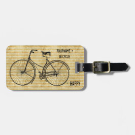 Sie plus Fahrrad entsprechen glücklichem antikem Gepäckanhänger