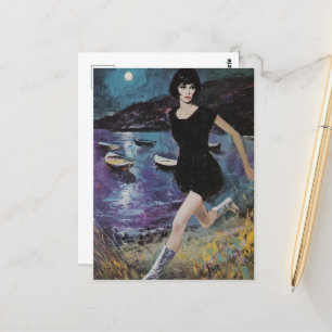 Sie rennt am Strand in einem schwarzen Kleid Retro Postkarte