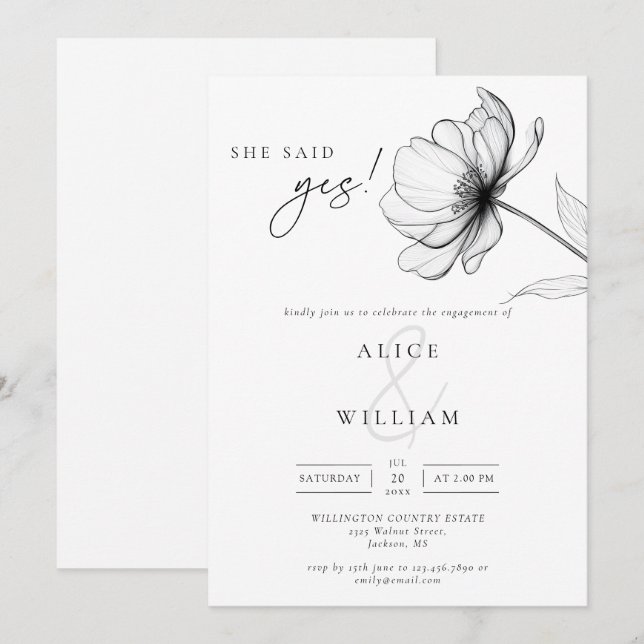 Sie sagte Ja Elegante Chic Floral Engagement Party Einladung (Vorne/Hinten)
