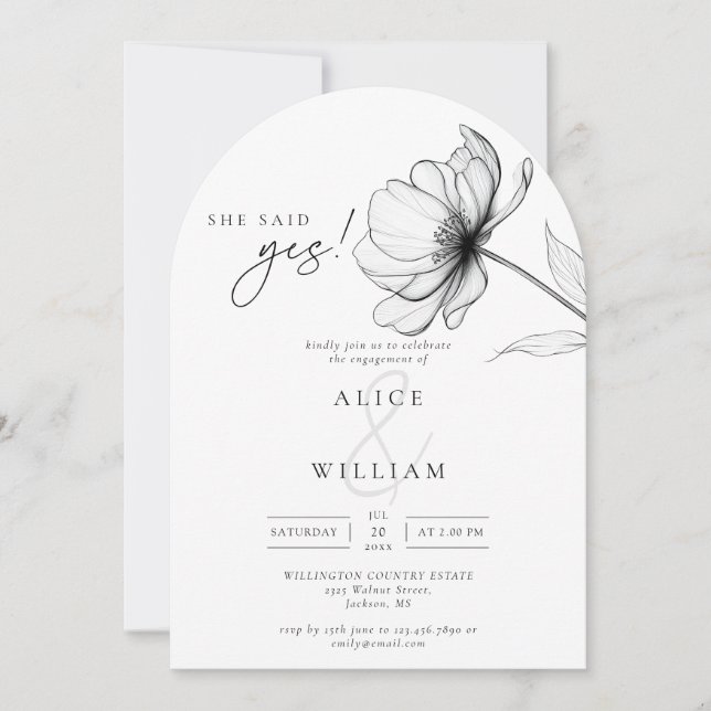 Sie sagte ja Minimal Floral Engagement Party Arch Einladung (Vorderseite)