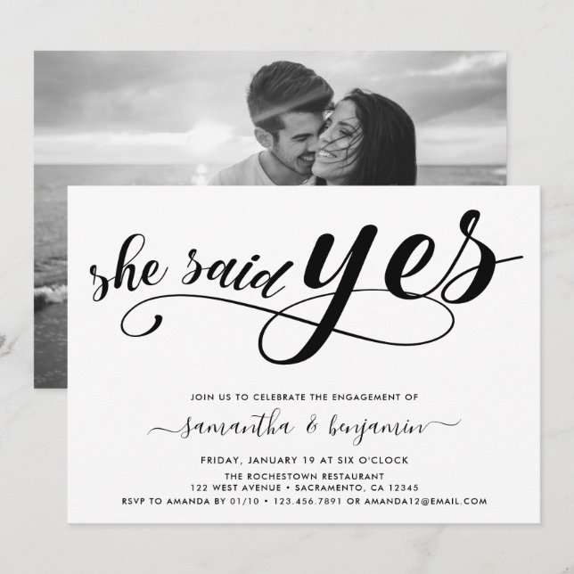 Sie sagte Yes Black & White Foto Engagement Party Einladung (Vorne/Hinten)