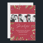 Sie sagte Yes Christmas Card Foto Verlobung Feiertagskarte<br><div class="desc">Feierliche Weihnachtsfeiertage Weihnachtsdesign "Sie hat ja gesagt!" Verlobung Ankündigung/Weihnachtskarte mit drei Ihrer Fotos. Um die besten Ergebnisse zu erzielen,  muss man vor dem Hochladen auf ein Quadrat klicken. Fügen Sie Ihren Urlaub Gruß und Namen hinzu.</div>