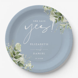 Sie sagte Yes Greenery Dusty Blue Engagement Party Pappteller