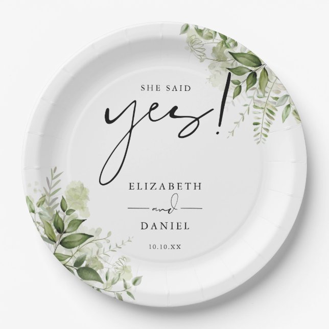 Sie sagte Yes Greenery Floral Engagement Party Pappteller (Vorderseite)