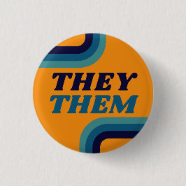 Sie sie 70er gelb blauen Retro Linien Pronouns Button