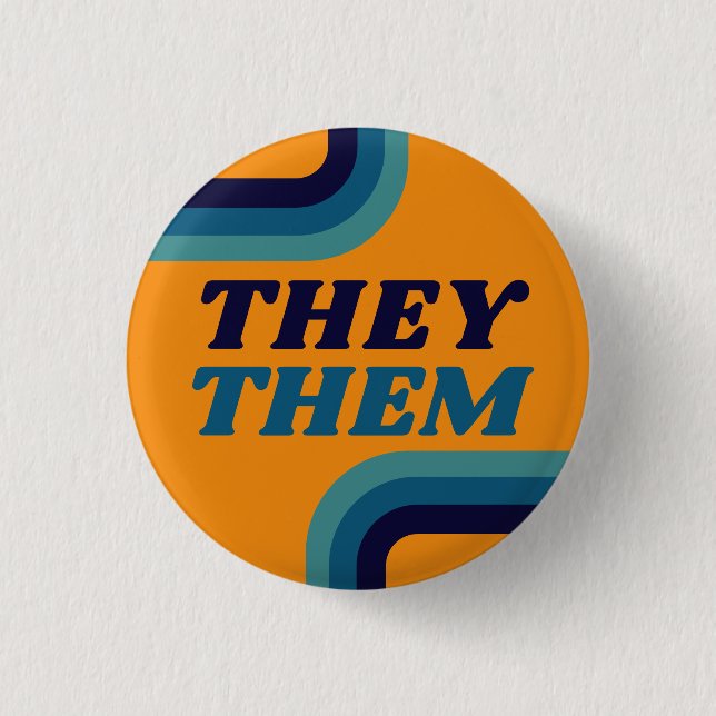 Sie sie 70er gelb blauen Retro Linien Pronouns Button (Vorderseite)