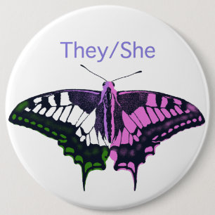 Sie/sie Frack-Schmetterling ohne Binärflagge Button