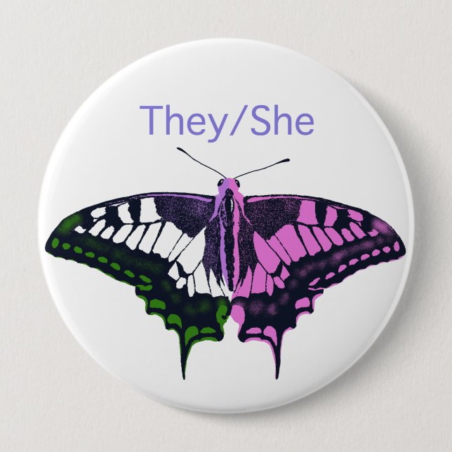 Sie/sie Frack-Schmetterling ohne Binärflagge Button (Vorderseite)