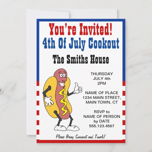 Sie sind eingeladen 4. Juli Cookout Hot Dog Cartoo Einladung (Vorderseite)