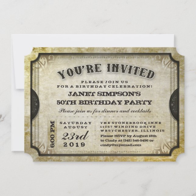 Sie sind eingeladen Gold Antique Ticket zum Geburt Einladung (Vorderseite)