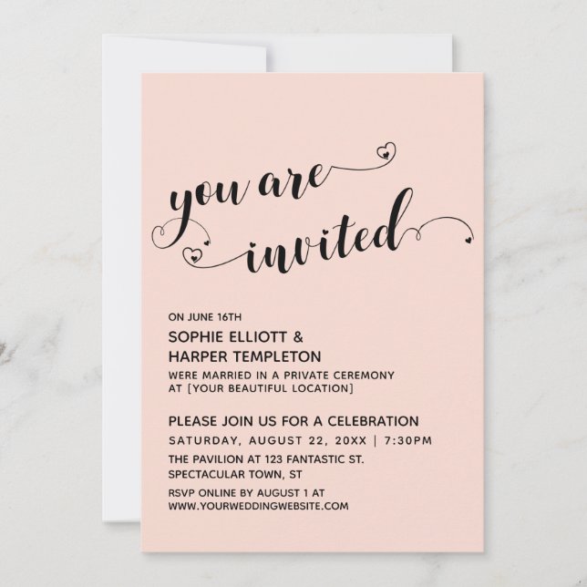 Sie sind eingeladen Hearts Script Blush Empfang-on Einladung (Vorderseite)