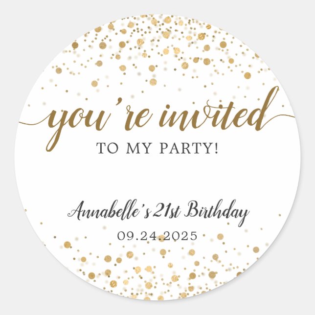 Sie sind eingeladen Party Gold Confetti 21. Geburt Runder Aufkleber (Vorderseite)