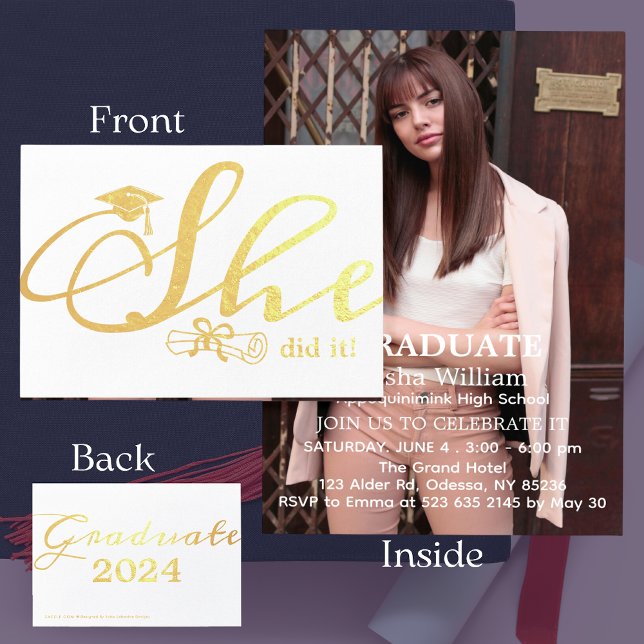 Sie tat es Party Einladung 1 Foto Foil Card (She did it and wants to celebrate her success, so grab this chic and modern invitation. Order now!)