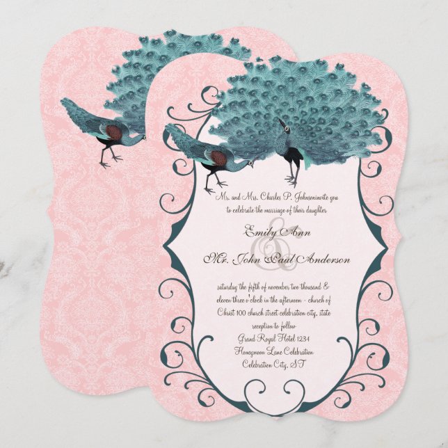 Sie wählen Hintergrundfarbe - Damask Peacock Einladung (Vorne/Hinten)