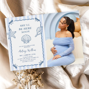 Sie wird bald hier sein Seashell-Baby-Party-Foto Einladung