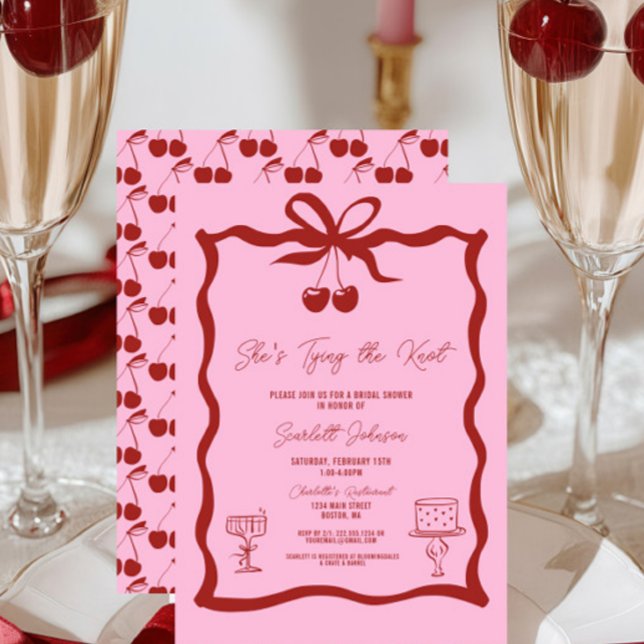 Sie zähmt das rote Brautparty des Knot-Bows Einladung (Pink and Cherry Red She's Tying the Knot Bow Bridal Shower Invitations, Chic Trendy, Wavy, Cherries)