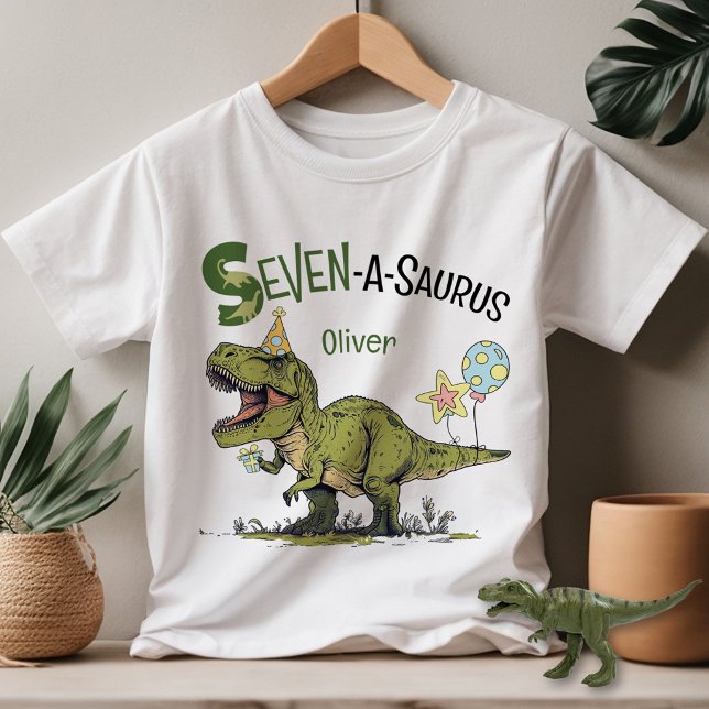 Sieben-A-Saurus Dinosaur Personalname 7. Geburtsta T-Shirt (Cute Seven-A-Saurus T-Rex dinosaur theme boy 7th birthday party guest of honor kids youth t-shirt)