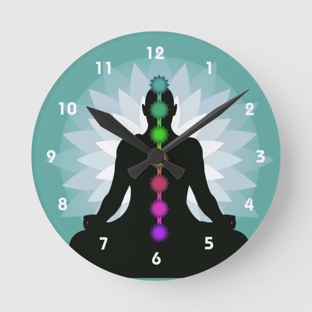 Sieben Chakras Yoga Positionsplanungsmauer Runde Wanduhr (Vorderseite)