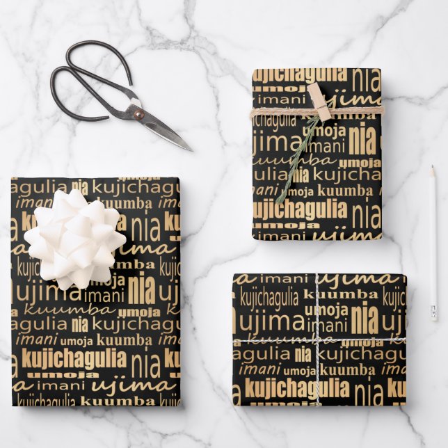Sieben Grundsätze von Kwanzaa (Schwarz/Gold) Geschenkpapier Set (Vorderseite)