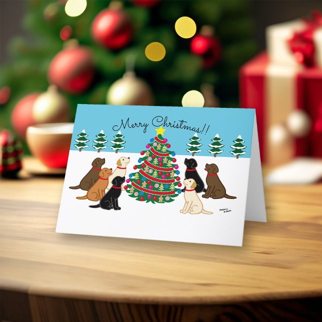 Sieben Labradoren und Weihnachtsbaum Feiertagskarte (Seven Labradors Christmas Card for Labrador Owners.  Chocolate, Black, Yellow Labs, Fox Red Lab.)