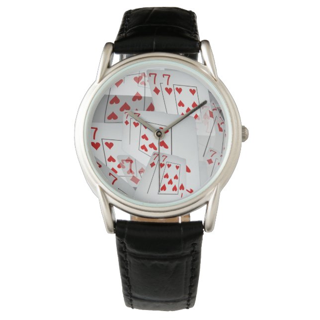 Sieben, Pokerkarten, Mens Black Leather Watch. Armbanduhr (Vorderseite)