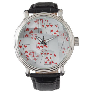 Sieben, Pokerkarten, Mens Leather Big Face Watch. Armbanduhr