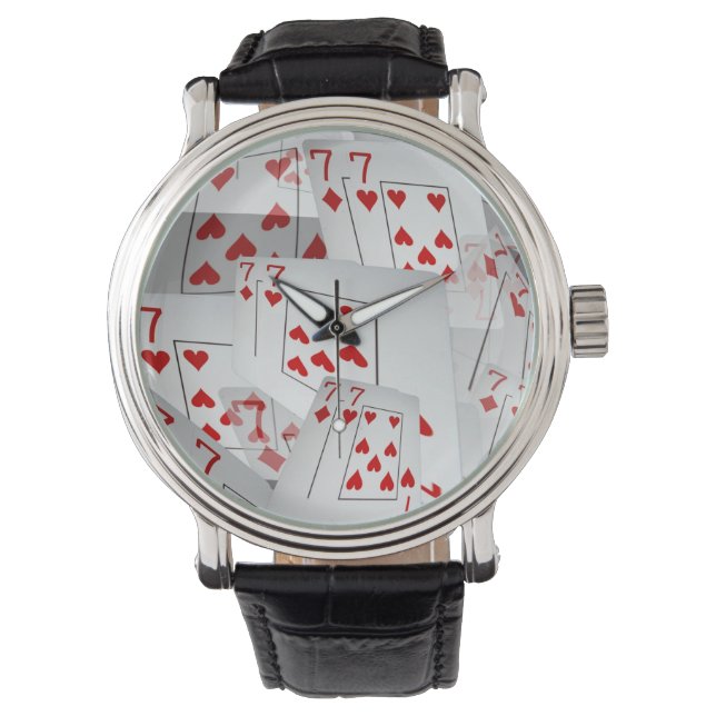 Sieben, Pokerkarten, Mens Leather Big Face Watch. Armbanduhr (Vorderseite)