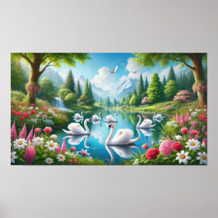 Sieben Schwäne schwimmen Poster