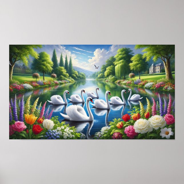 Sieben Schwäne schwimmen Poster (Vorne)