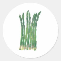 Sieben Spargel-Speere auf Lebensmittelaufklebern