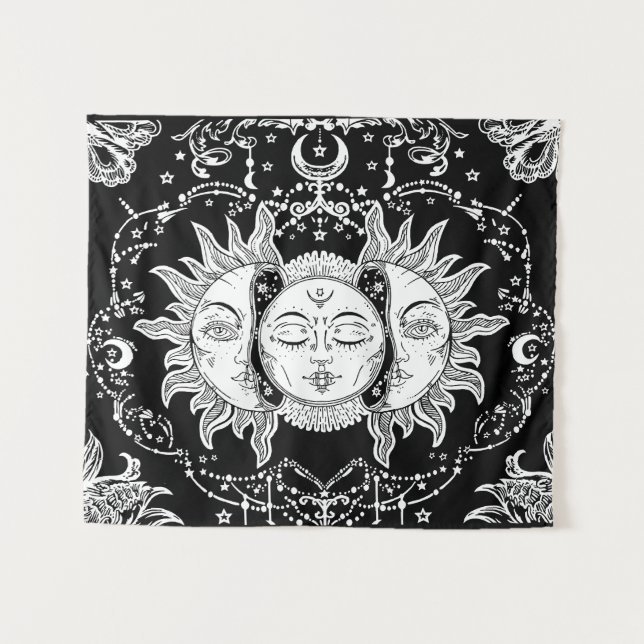 Sieben Sterne Drei Gesichter Sonne und Mond Ästhet Wandteppich (Vorderseite (Horizontal))