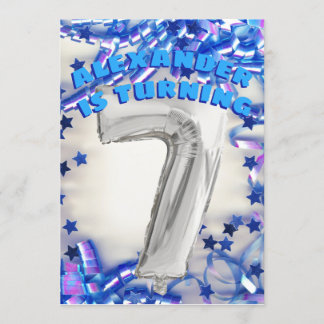 Siebter Geburtstag Silber und Blau Alter 7 Jungen  Einladung