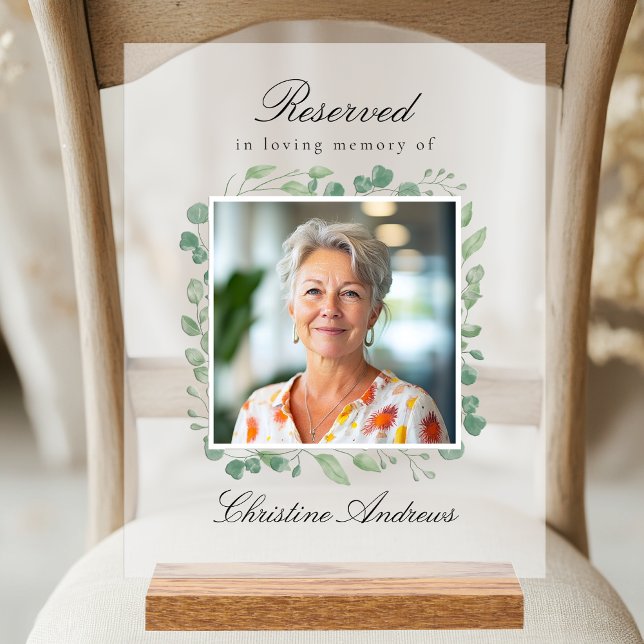 Siège réservé - Mariage commémoratif Eucalyptus (Reserved Seat - Custom Eucalyptus Memorial Wedding White Transparent Photo Acrylic Sign )