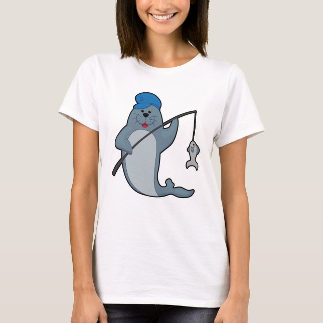 Siegel beim Angeln mit Angelrute & Fisch T-Shirt (Vorderseite)