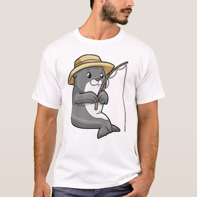 Siegel beim Angeln mit Angelstab & Hut T-Shirt (Vorderseite)