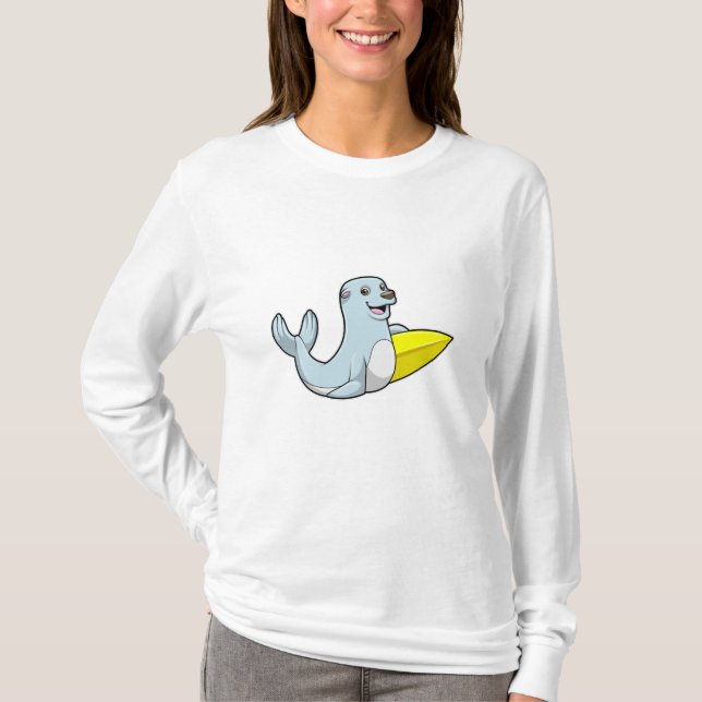 Siegel beim Surfen mit Surfbrett T-Shirt (Vorderseite)