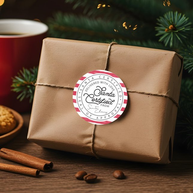 Siegel für die Lieferung von Red & White Stripe Sa Runder Aufkleber (Red & White Stripe Santa Certified Delivery Seal Sticker)