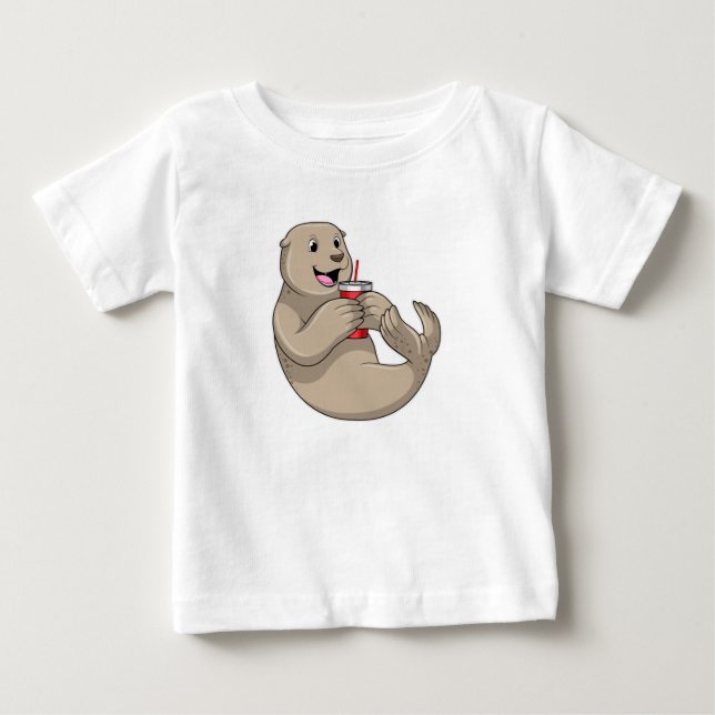 Siegel mit Tasse mit Stroh Baby T-shirt (Vorderseite)