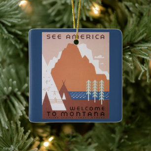 Sieh Amerika Willkommen in Montana, Vintage Reise Keramikornament