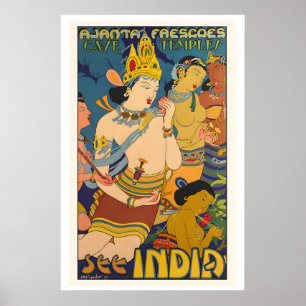 Sieh Indien Ajanta-Fresken Höhlentempel Vintage Poster