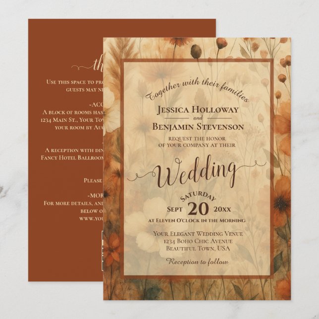 Sienna Boho Floral Calligraphy & QR Code Wedding Einladung (Vorne/Hinten)